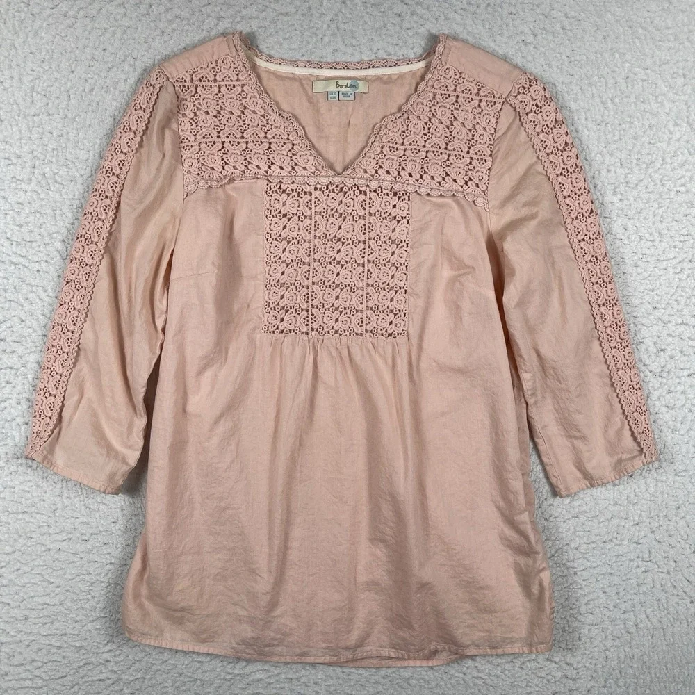 Boden Shirt Womens 6 Light Pink V Neck 3/4 Sleeve Tunic Top Cochet Casual Travel